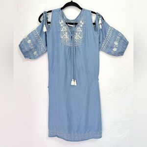 Chambray shift mini dress floral embroidered design with keyhole neckline